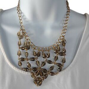 Gold Toned Drop Necklace Olive Green Clear Beaded Floral Design